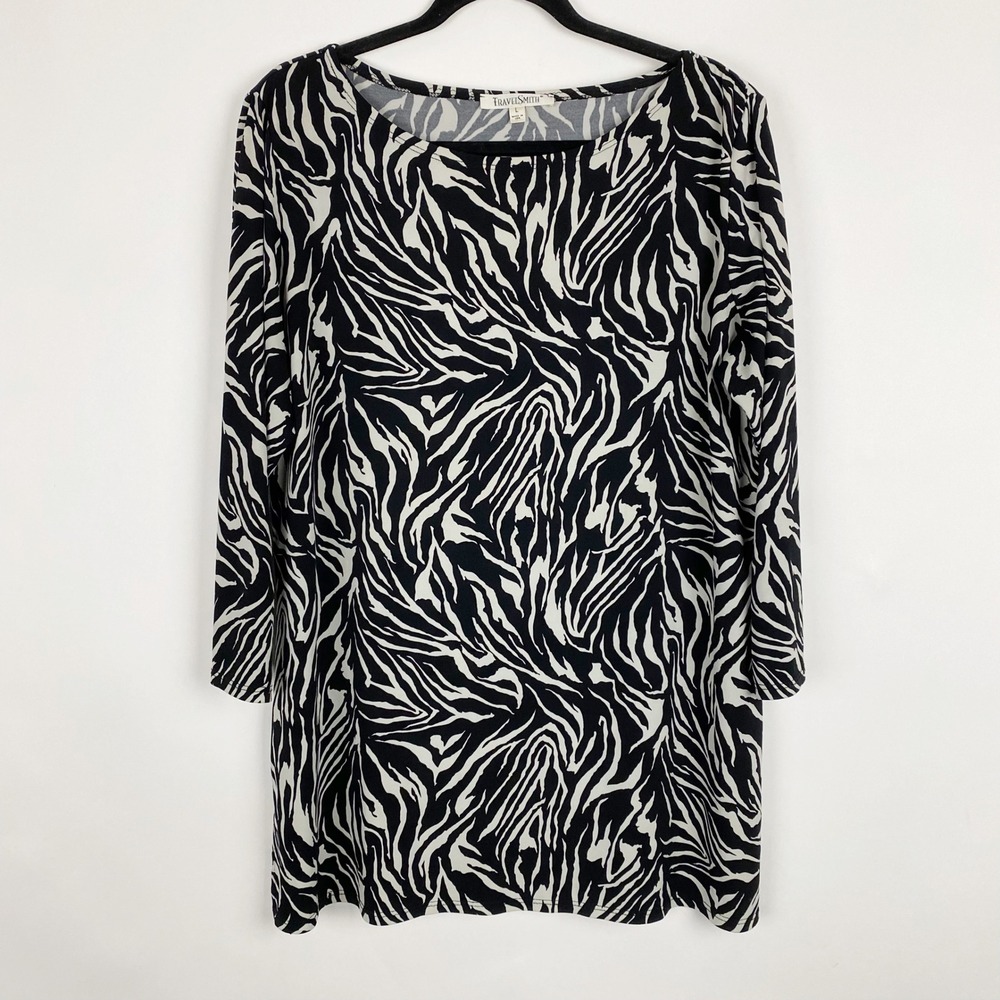 TravelSmith Zebra Print Tunic Top Women Large Black White 3/4 Sleeve Made in USA
